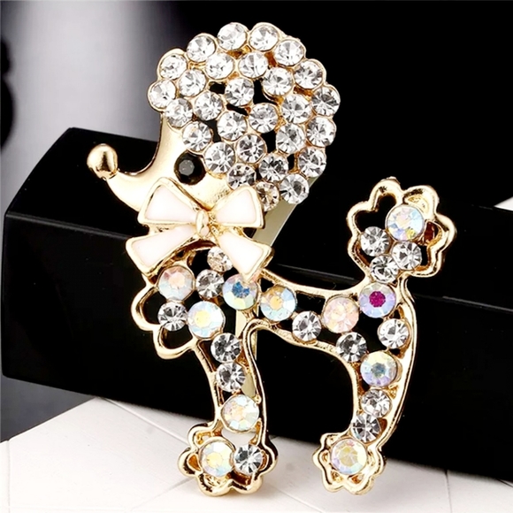 New 18k gold plated crystal poodle bow necklace/brooch - Picture 5 of 16
